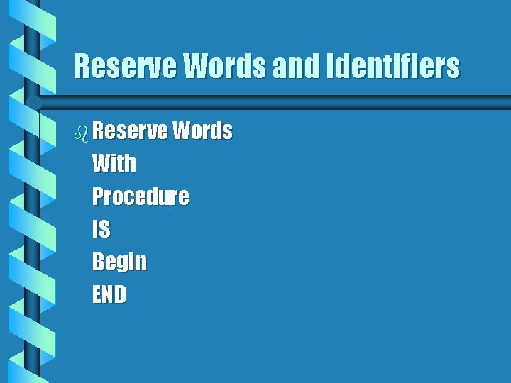 Reserve Words and Identifiers b Reserve Words With Procedure IS Begin END 