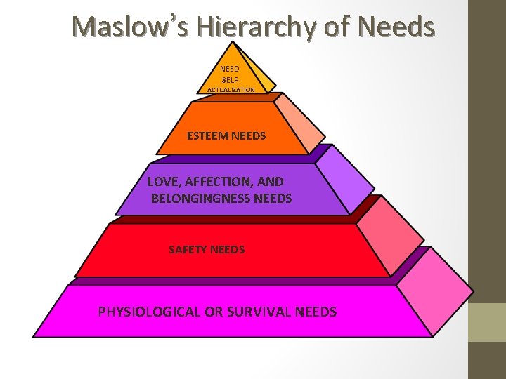 Maslow’s Hierarchy of Needs NEED SELF- ACTUALIZATION ESTEEM NEEDS LOVE, AFFECTION, AND BELONGINGNESS NEEDS