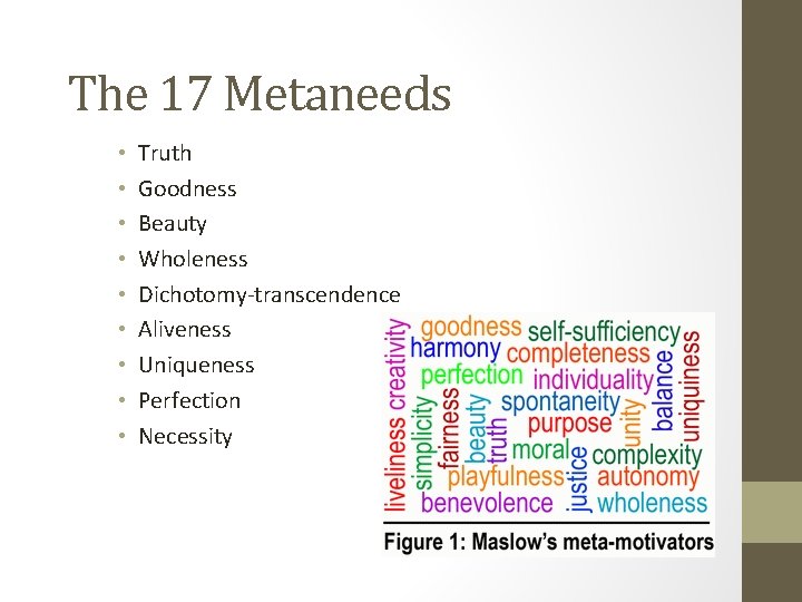 The 17 Metaneeds • • • Truth Goodness Beauty Wholeness Dichotomy-transcendence Aliveness Uniqueness Perfection