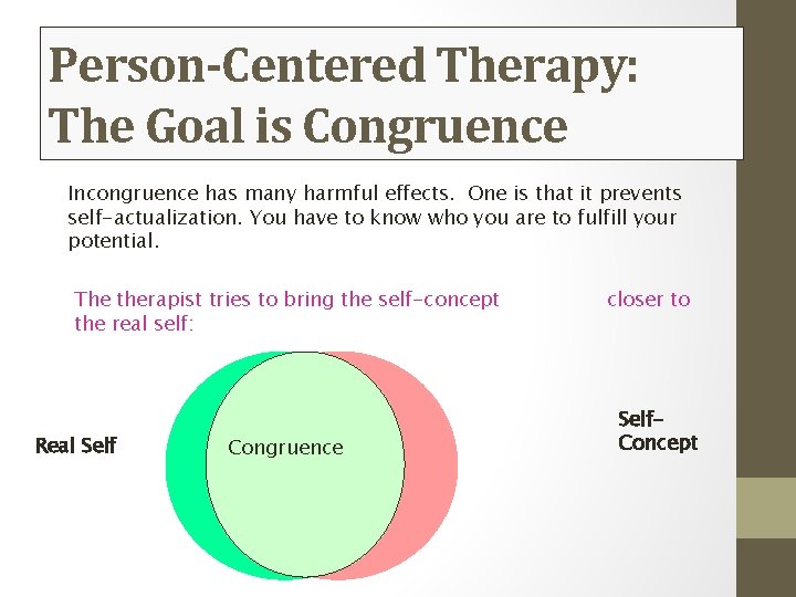 Person-Centered Therapy: The Goal is Congruence Incongruence has many harmful effects. One is that