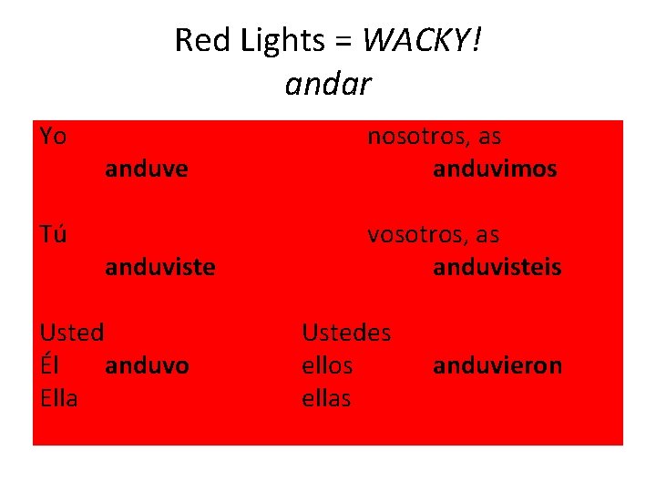 Red Lights = WACKY! andar Yo Tú anduve nosotros, as anduvimos anduviste vosotros, as