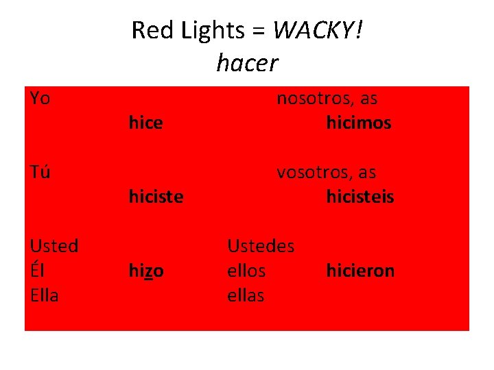 Red Lights = WACKY! hacer Yo Tú Usted Él Ella hice nosotros, as hicimos