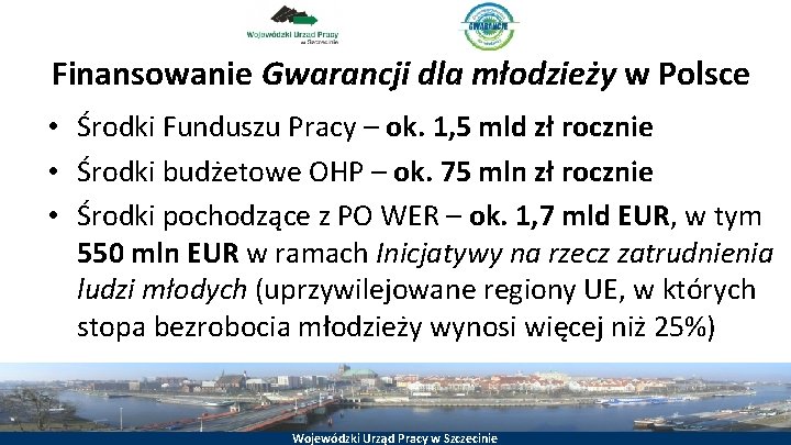 Finansowanie Gwarancji dla młodzieży w Polsce • Środki Funduszu Pracy – ok. 1, 5