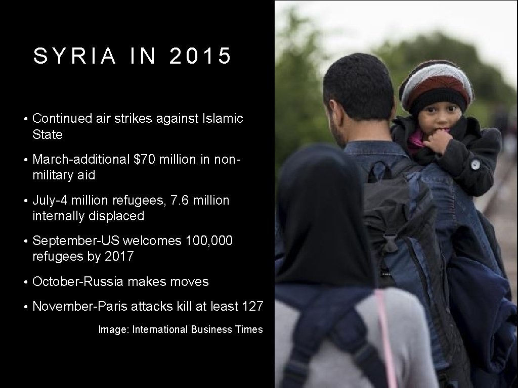 SYRIA IN 2015 • Continued air strikes against Islamic State • March-additional $70 million SYRIA IN 2015 • Continued air strikes against Islamic State • March-additional $70 million
