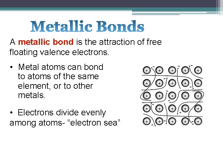 A metallic bond is the attraction of free floating valence electrons. • Metal atoms