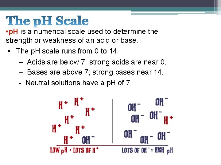  • p. H is a numerical scale used to determine the strength or