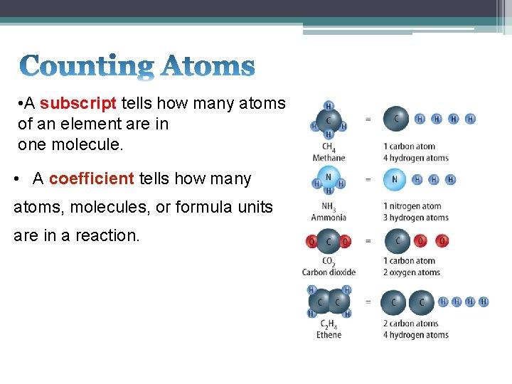  • A subscript tells how many atoms of an element are in one
