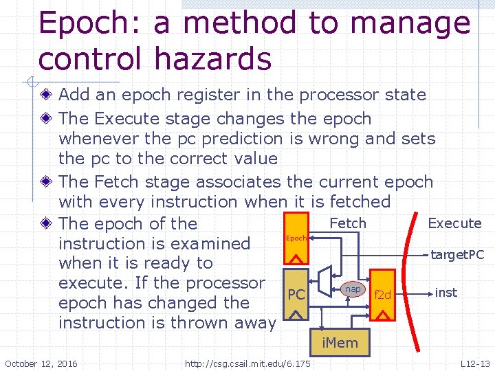 Epoch: a method to manage control hazards Add an epoch register in the processor