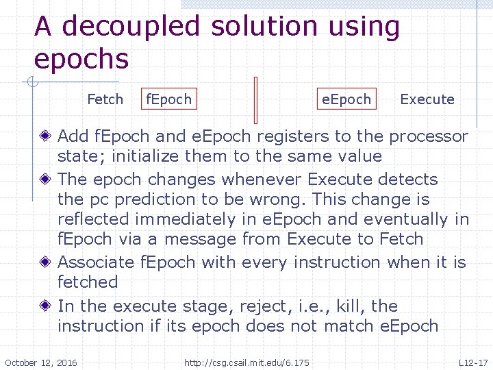 A decoupled solution using epochs Fetch f. Epoch e. Epoch Execute Add f. Epoch