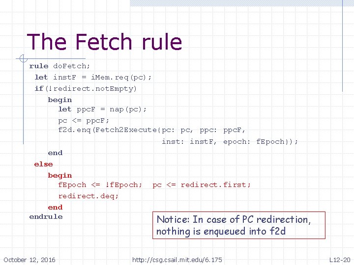 The Fetch rule do. Fetch; let inst. F = i. Mem. req(pc); if(!redirect. not.