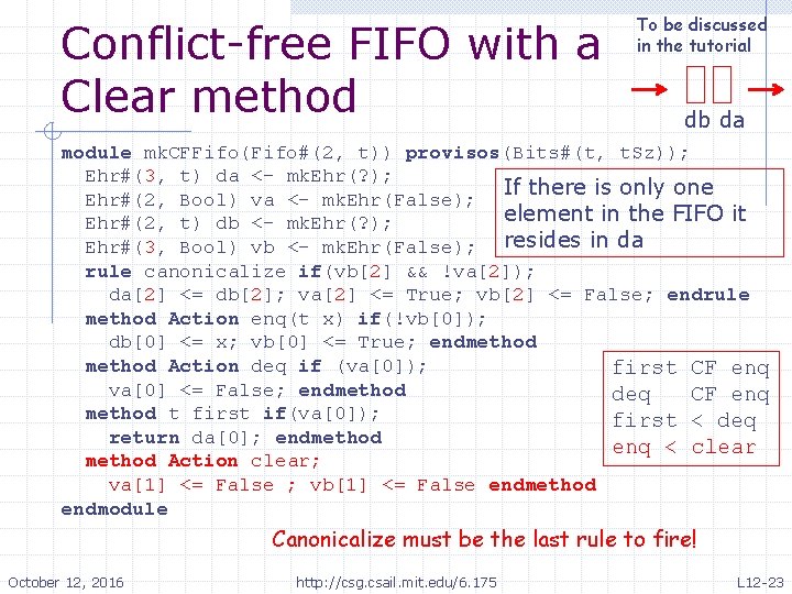 Conflict-free FIFO with a Clear method To be discussed in the tutorial db da