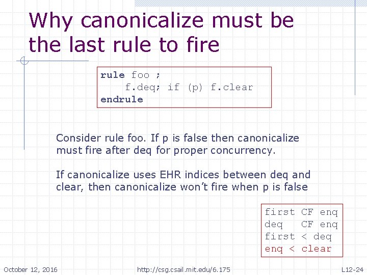 Why canonicalize must be the last rule to fire rule foo ; f. deq;