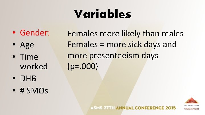 Variables • Gender: • Age • Time worked • DHB • # SMOs Females