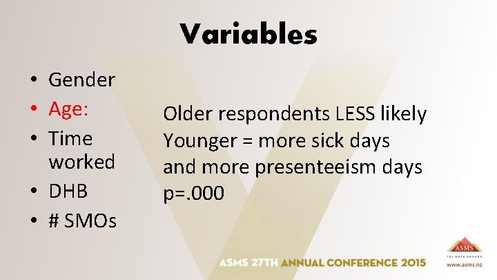 Variables • Gender • Age: • Time worked • DHB • # SMOs Older