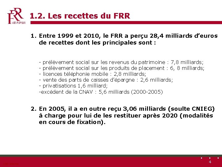 1. 2. Les recettes du FRR 1. Entre 1999 et 2010, le FRR a