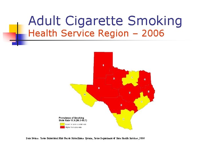 Adult Cigarette Smoking Health Service Region – 2006 Data Source: Texas Behavioral Risk Factor Adult Cigarette Smoking Health Service Region – 2006 Data Source: Texas Behavioral Risk Factor