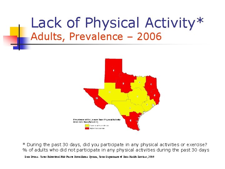 Lack of Physical Activity* Adults, Prevalence – 2006 * During the past 30 days, Lack of Physical Activity* Adults, Prevalence – 2006 * During the past 30 days,