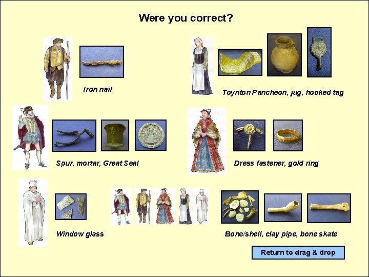 Were you correct? Iron nail Spur, mortar, Great Seal Window glass Toynton Pancheon, jug,