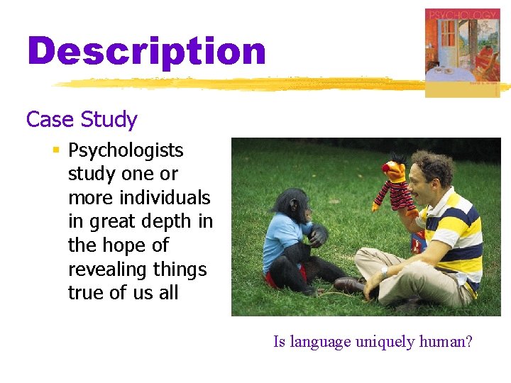 Description Case Study § Psychologists study one or more individuals in great depth in