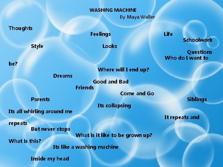 WASHING MACHINE By Maya Waller Thoughts be? Feelings Life Schoolwork Style Looks Questions WASHING MACHINE By Maya Waller Thoughts be? Feelings Life Schoolwork Style Looks Questions