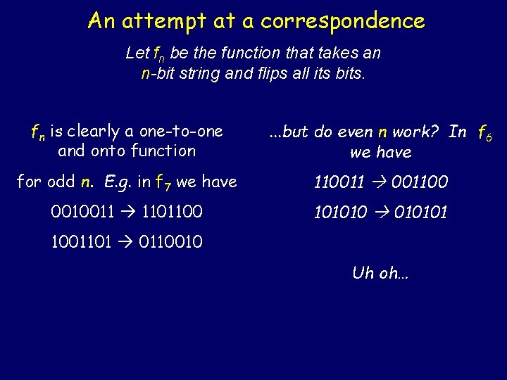 An attempt at a correspondence Let fn be the function that takes an n-bit