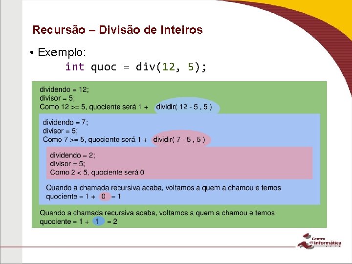 Recursão – Divisão de Inteiros • Exemplo: int quoc = div(12, 5); 