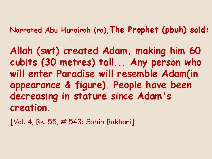 Narrated Abu Hurairah (ra), The Prophet (pbuh) said: Allah (swt) created Adam, making him