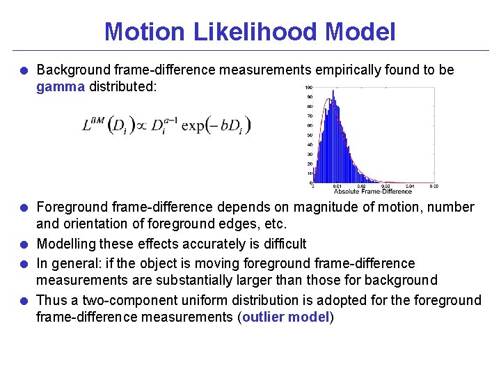 Motion Likelihood Model = Background frame-difference measurements empirically found to be gamma distributed: =