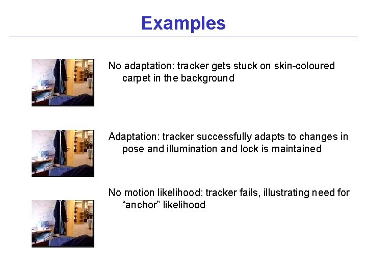 Examples No adaptation: tracker gets stuck on skin-coloured carpet in the background Adaptation: tracker