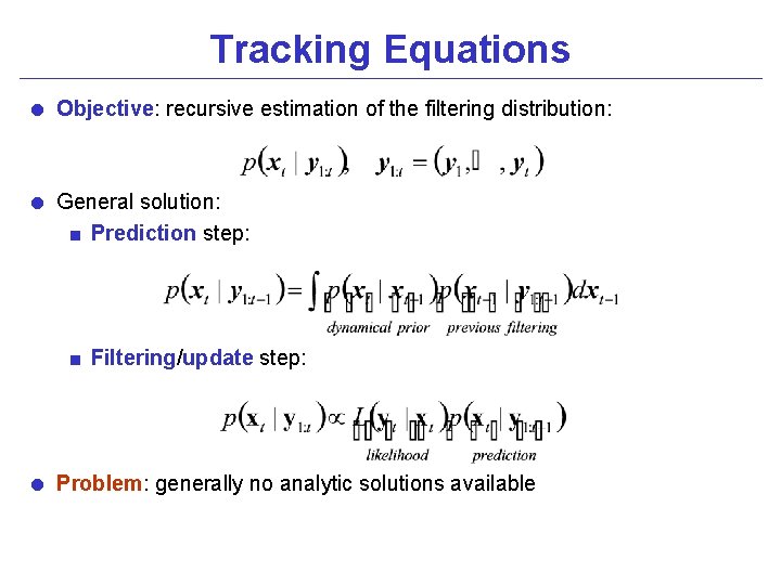 Tracking Equations = Objective: recursive estimation of the filtering distribution: = General solution: <