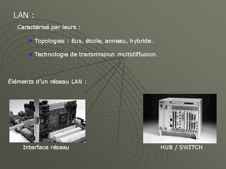 LAN : Caractérisé par leurs : Topologies : Bus, étoile, anneau, hybride. Technologie de