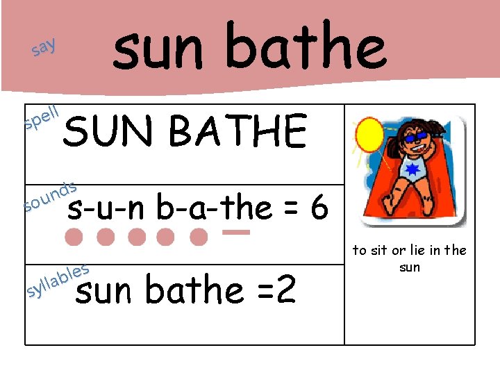 sun bathe say ll e p s SUN BATHE s d n sou s-u-n