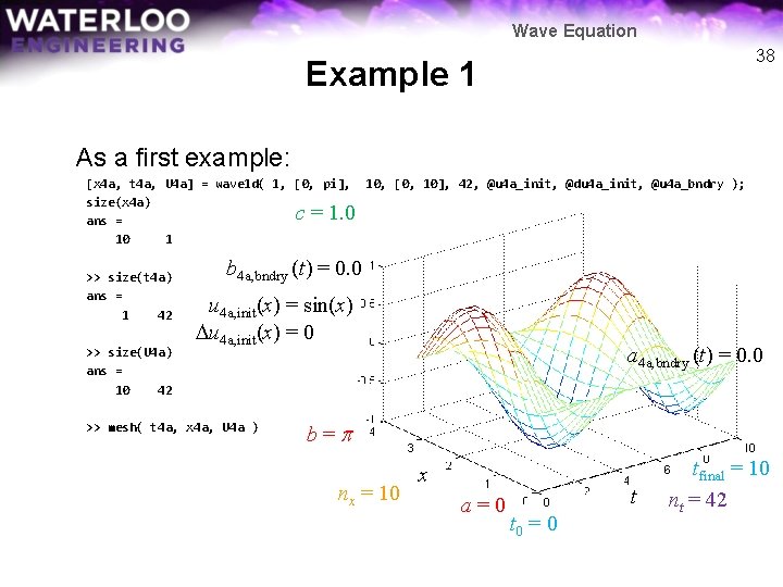 Wave Equation 38 Example 1 As a first example: [x 4 a, t 4