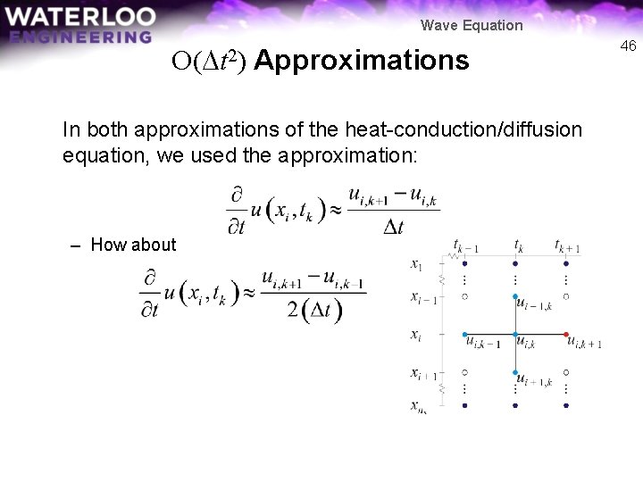 Wave Equation O(Dt 2) Approximations In both approximations of the heat-conduction/diffusion equation, we used