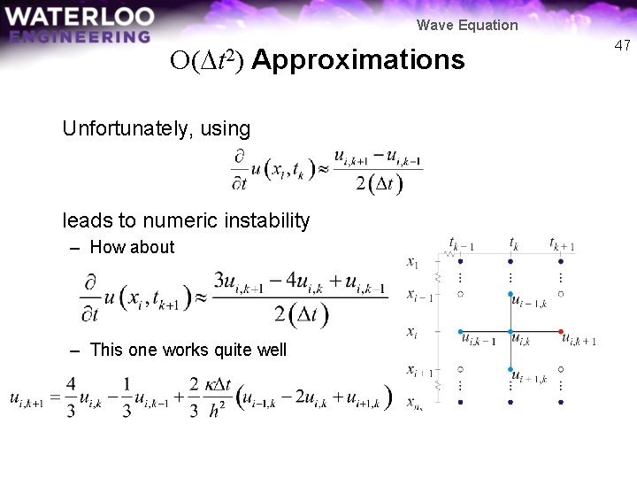 Wave Equation O(Dt 2) Approximations Unfortunately, using leads to numeric instability – How about