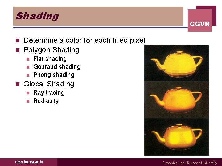 Shading CGVR Determine a color for each filled pixel n Polygon Shading n Flat