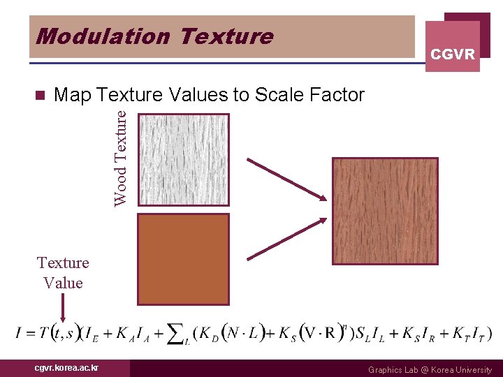 Modulation Texture Map Texture Values to Scale Factor Wood Texture n CGVR Texture Value