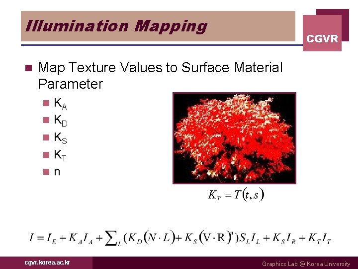 Illumination Mapping n CGVR Map Texture Values to Surface Material Parameter n n n