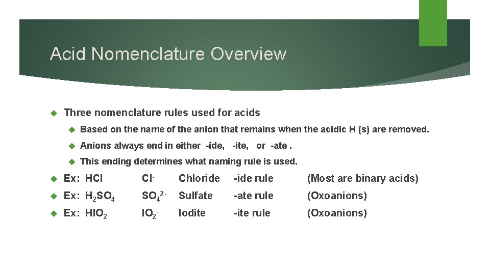 Acid Nomenclature Overview Three nomenclature rules used for acids Based on the name of