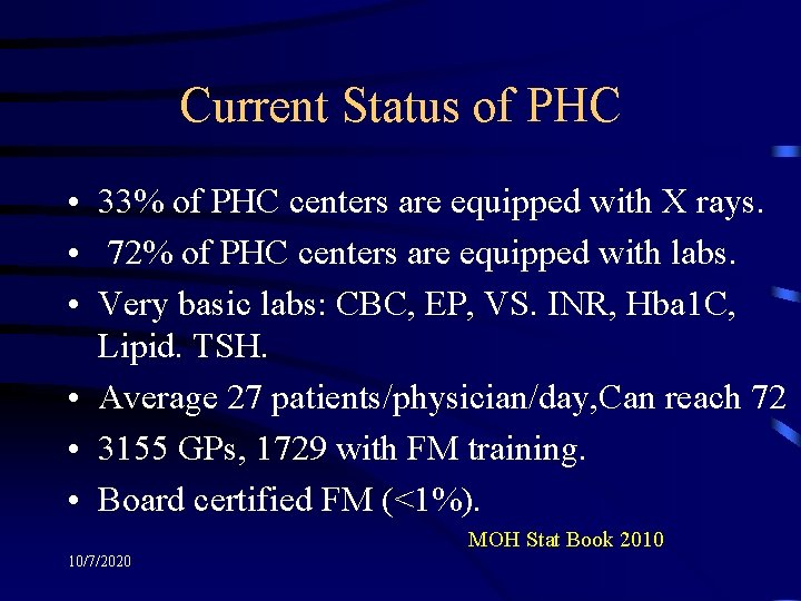 Current Status of PHC • 33% of PHC centers are equipped with X rays.