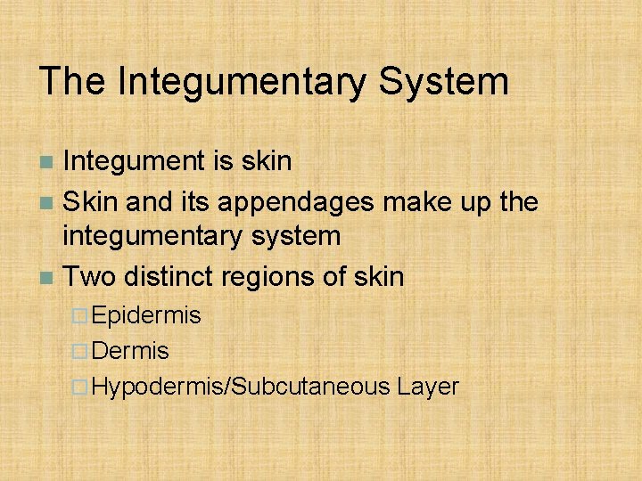 The Integumentary System Integument is skin n Skin and its appendages make up the