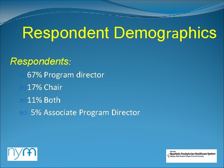 Respondent Demographics Respondents: 67% Program director 17% Chair 11% Both 5% Associate Program Director Respondent Demographics Respondents: 67% Program director 17% Chair 11% Both 5% Associate Program Director