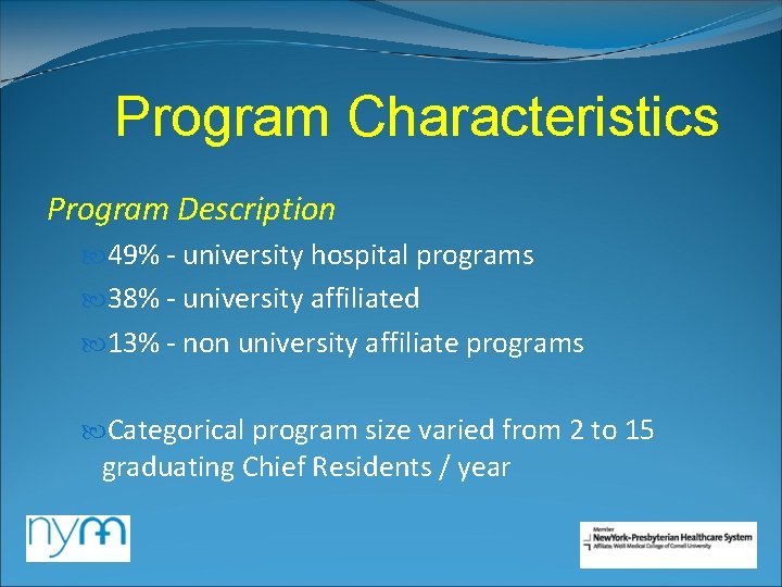 Program Characteristics Program Description 49% - university hospital programs 38% - university affiliated 13% Program Characteristics Program Description 49% - university hospital programs 38% - university affiliated 13%