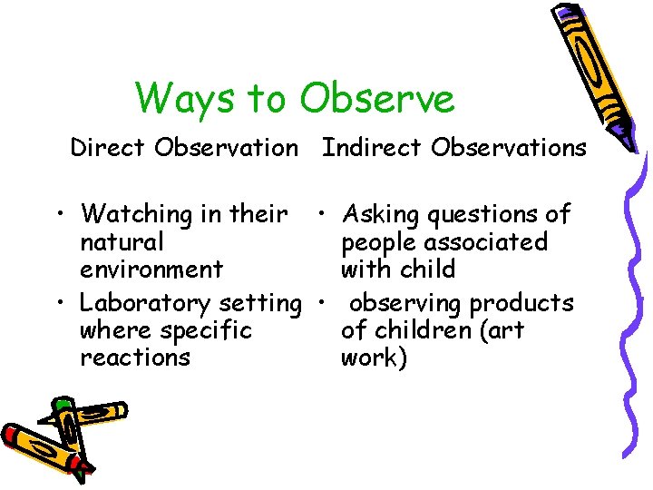 Ways to Observe Direct Observation Indirect Observations • Watching in their • Asking questions Ways to Observe Direct Observation Indirect Observations • Watching in their • Asking questions