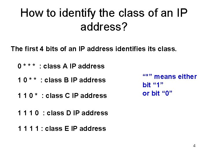 How to identify the class of an IP address? The first 4 bits of