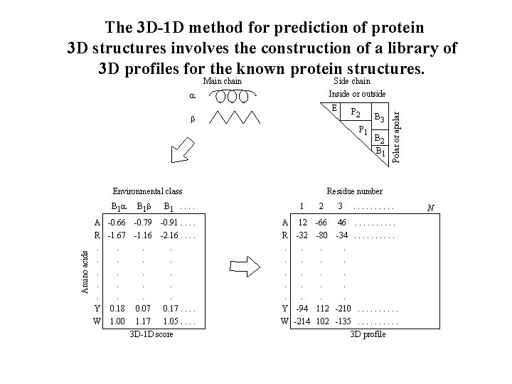 The 3 D-1 D method for prediction of protein 3 D structures involves the