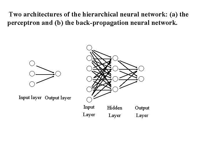 Two architectures of the hierarchical neural network: (a) the perceptron and (b) the back-propagation