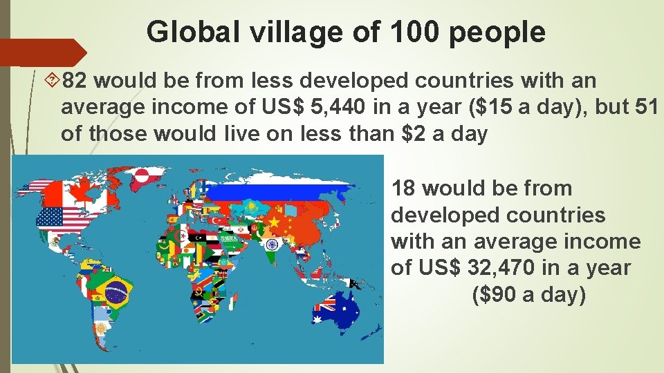 Global village of 100 people 82 would be from less developed countries with an