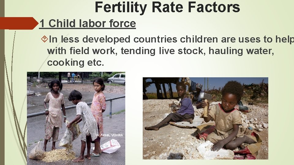 Fertility Rate Factors 1 Child labor force In less developed countries children are uses
