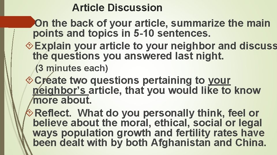 Article Discussion On the back of your article, summarize the main points and topics